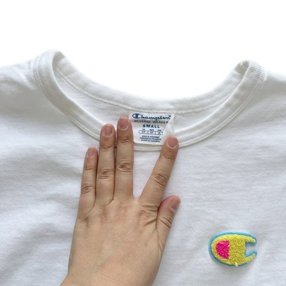 Champion Small Thick White Cotton Cropped Neon Logo Basic T-Shirt - Picture 6 of 8